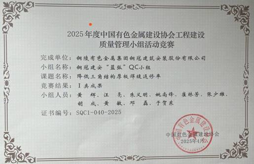 公司QC成果喜获有色金属建设行业奖